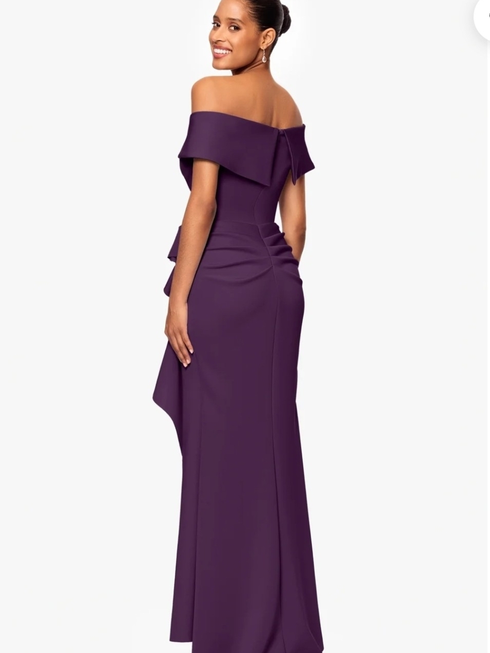 Xscape Dress Off-Shoulder Ruffle Gown Purple Patti Techno Scuba Size 16 - Picture 3 of 12
